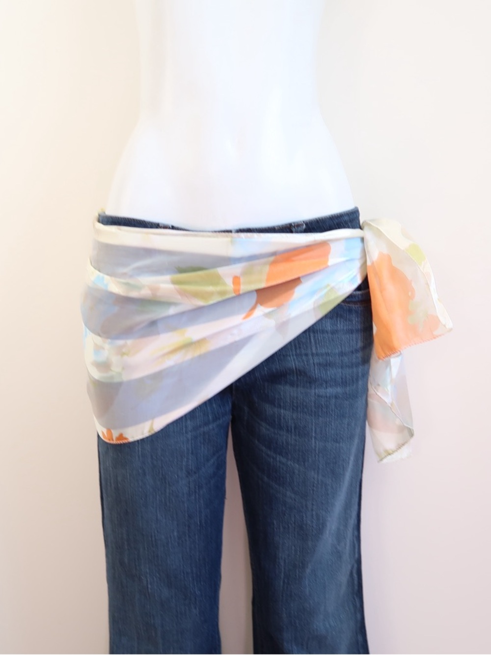 Sheer Floral Silk Scarf Wrap - Pastel Orange, Blue, Green